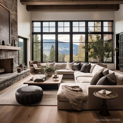 Modern Farm Fireplace Ideas, Rustic Mountain Homes Interior Bedroom, North Carolina Mountain Home Interiors, Modern Mountain Home Living Room, Mountain Farmhouse Living Room, Luxe Lodge Decor Interior Design, Rustic Modern Style, Rustic Mountain Living Room, Grand Room Ideas