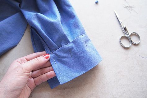 Here's a short tutorial on how you can add a cuff to a sleeve. https://sewing.com/diy-sleeve-cuff/ Shirt Cuff Pattern, Make A Shirt, Sewing Men, Cuff Pattern, Sewing Sleeves, Sewing Creations, Girls Clothes Patterns, Make Do And Mend, Techniques Couture