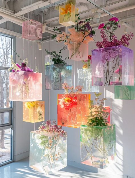 Clean Floral Aesthetic, Interior Design Exhibition Display, Flowers In Architecture, Floral Organization Ideas, Floral Ceiling Decor, Anthropology Display, Florist Shop Aesthetic, Creative Window Display, Flower Exhibition