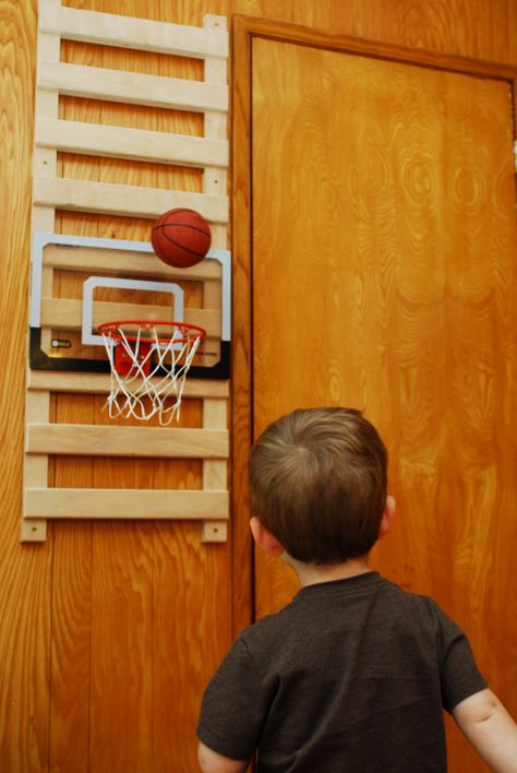 Custom made ladder system for 'hang from door' gadgets such as this basketball hoop. Allows me to adjust the height of the basketball hoop quickly as my sons grow! Basketball Hoop In Bedroom, Diy Basketball Hoop, Boys Room Diy, Diy Basketball, Toddler Basketball, Basketball Room, Fantasy Basketball, Diy Playroom, Ball Room