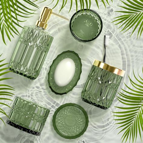 Bathroom Accessories Green, Green Bath Accessories, Bathroom Dish Decor, Olive Green Bathroom Accessories, Green And Gold Bathroom Accessories, Green Glass Bathroom Accessories, Bathroom Decor Green And Gold, Green Decor Bathroom Ideas, Green Gold And White Bathroom