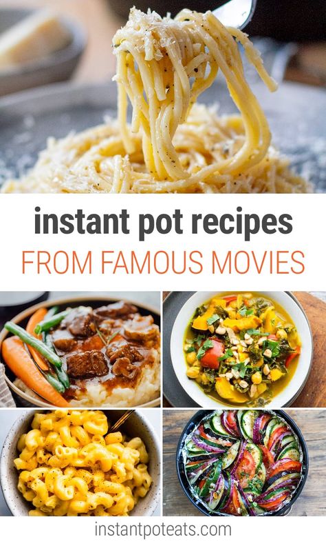 Great Recipes From Famous Movies In Your Instant Pot including Ratatouille, Cacio e Pepe, Sixteen Candles Birthday Cake and more. | #ratatouille #joyluckclub #chocolat #tortillasoup #landyandthetramp #spaghetti #16candlesmovie #100footjourney #burntmovie #dinnerandamovie #oysterstew #veggiecurry #juliachild #julieandjulia Movie Recipes Food, Recipes From Ratatouille Movie, Food From Movies Recipes, Recipes From Movies, Food From Movies, Ratatouille Food, Iconic Recipes, Movie Inspired Recipes, Movie Recipes