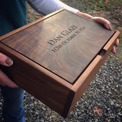 A walnut pivot lid box custom engraved, for memories of someone special. #endofwatch Wooden Box For Gift, Wood Packaging Design, Wooden Gift Box Ideas, Wood Box Design, Travel Book Design, Dream Inspiration, Fruits Design, Boxes Design, Wooden Box Packaging