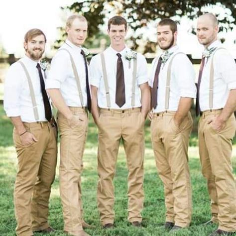 Khakis with white shirts - wedding look White Shirt And Kakis For Men Wedding, Groomsmen In Khaki Pants, Men’s Khaki Wedding Outfit, Casual Groomsmen Attire Khakis, Groomsmen Attire Khaki, Casual Biking Outfit, Mens Casual Wedding, Khaki Wedding, Weekend Outfit Fall