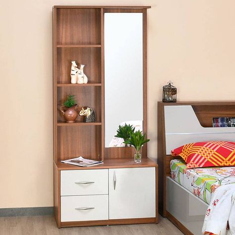 Enhance the functionality and aesthetics of your bedroom with this versatile dresser. Its walnut & white colour combination adds a touch of sophistication to the space. With two spacious drawers and a cabinet, this dresser provides ample storage to keep one's belongings organised and clutter-free. The multiple shelves offer additional space for displaying bedroom decor. Cubords Ideas Bedroom Wooden, Wooden Dressing Table Design Bedrooms, Dressing Unit Design, Cubords Ideas Bedroom, Dressing Table Aesthetic, Dressing Table Design Bedrooms, Latest Dressing Table Designs, Latest Cupboard Designs, Dresser Unit