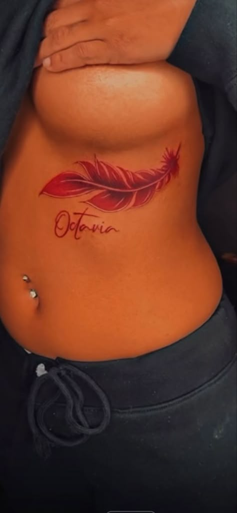 Red Ink Women Tattoo, Feather Neck Tattoos Women, Dermal Tattoo Ideas, Red Cover Up Tattoos For Women, All Red Tattoos For Women, Under The Cheek Tattoo, Tattoo Ideas Female Chest For Women, Name Tattoos For Women Under Breast, Cover Up Tattoos For Names