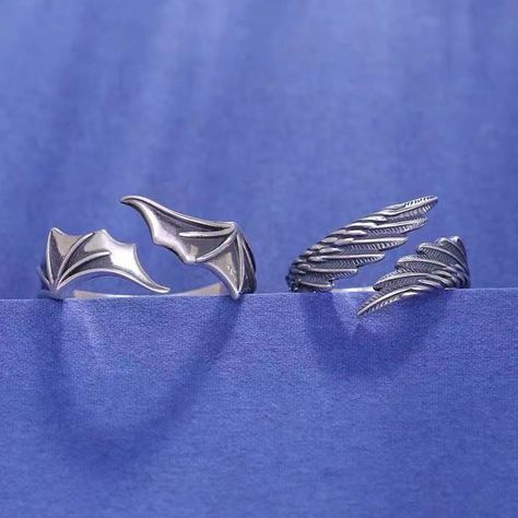 2 Pcs/set Vintage Punk Angel Demon Wing Couple Rings for Men Women Retro Silver Color Hip Hop Couples Rings, Demon Wings, Angel Demon, Marriage Ring, Open Rings, Vintage Punk, Vintage Gothic, Valentines Jewelry, Cute Rings