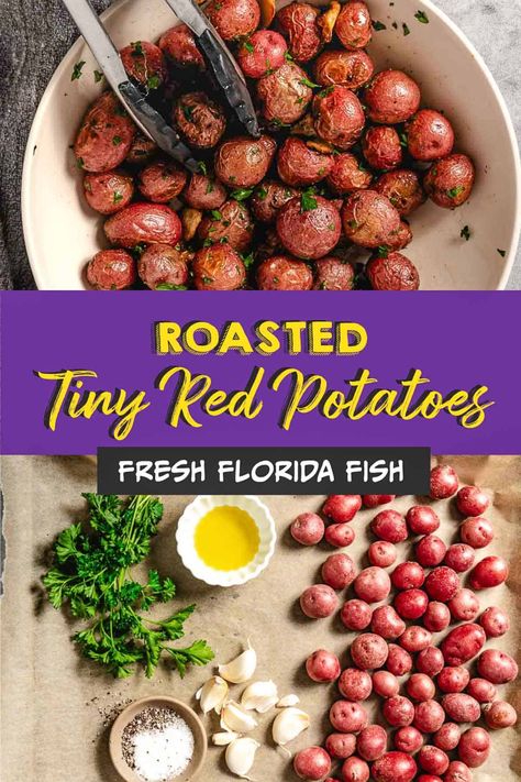 Roasted tiny red potatoes are ideal for quick weeknight dinners. They have a sweet and creamy taste and they roast in 20 minutes. Red Potatoes Oven, Roasted Small Potatoes, Red Skin Potatoes Recipe, Small Potatoes Recipe, Roasted Mini Potatoes, Fresh Fish Recipes, Tiny Potato, Red Potato Recipes, Creamy Potatoes