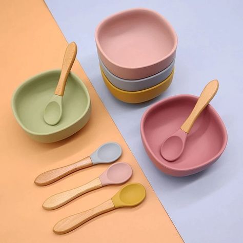 Introducing Solid, Baby Utensils, Baby Plates, Baby Bowls, Cute Furniture, Silicone Bowl, Baby Equipment, Baby Eating, Feeding Time