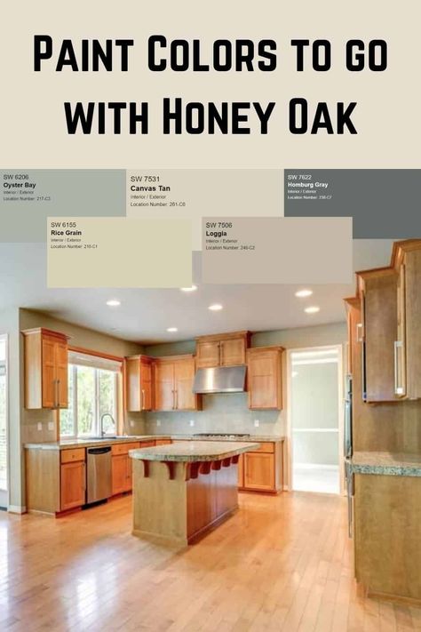 Some of the best paint colors to go with honey oak trim, cabinets, and flooring. #honeyoak #paintcolors #interiordesign #woodcabinets #trim Dark Lower Cabinets Wood Upper, Lime Wash Honey Oak Cabinets, Paint Colors For Orange Oak Cabinets, What Color Floor With Honey Oak Cabinets, Lvp Flooring With Honey Oak Cabinets, Agreeable Gray With Honey Oak Cabinets, Modern Honey Oak Kitchen, Paint Colors That Go With Honey Oak, Kitchen Color Schemes With Oak Cabinets