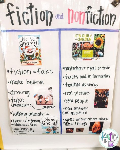 Historical Fiction Anchor Chart, Realistic Fiction Anchor Charts, Informational Text Anchor Chart, Fiction Anchor Chart, Nonfiction Anchor Chart, Fiction Vs Nonfiction, Kindergarten Anchor Charts, Non Fiction Writing, Literacy Centers Kindergarten