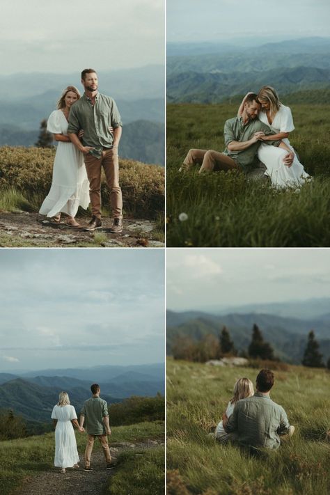 These Roan Mountain engagement photos feature so many romantic couples poses and film style photography! Get inspired by romantic engagement photo poses, casual outfit ideas, outdoor engagement photoshoot ideas, and mountain engagement session inspiration! Book Lauren for your North Carolina engagement or couples session at stratmanimagery.com! Prewedding Photography Mountain, Couples Mountain Photoshoot Summer, Mountain Photoshoot Outfit, Couple Photo Mountains, Prenup Photoshoot Ideas Outdoor, Smoky Mountain Engagement Photos, North Carolina Engagement Photos, Engagement Photoshoot Casual, Mountain Prewedding