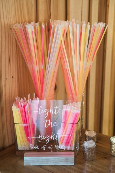 Spring Wedding Send Off Ideas, Glow Stick Wedding Favors, Wedding Ideas Send Off, Toss Extras For Wedding, Glow Stick Holder Wedding, Send Offs For Weddings, Beach Wedding Send Off, Wedding Exit Glow Sticks, Wedding Reception Props Fun