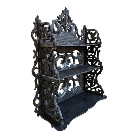 Antique European Black Forest Carved Wall Shelf Plate Display Rack German.   Direct from Europe (and one of our favorite finds), this stunning Black Forest carved wall shelf/display rack.  Elaborate hand carvings throughout, with a high upper crown of Black Forest open carved vine and foliate, which is continued down each side of the three-level shelving. Obviously created by a master carver, the attention to detail is found throughout, with hand stippling on the large, serpentine back panels an Black Victorian Decor, Slytherin Inspired Bedroom, Goth Shelf, Gothic Eclectic, Gothic Shelves, Speakeasy Ideas, Plate Display Rack, Dungeon Design, Moody House