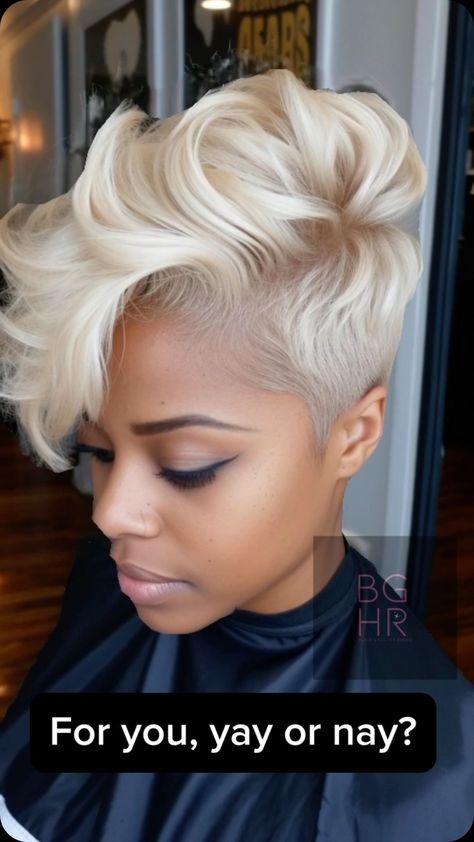 Hairstyles and Inspirations for Black Women For you, yay or nay? Advertise with us. Get your event and business in front of 11million… | Instagram Blonde Pixie With Shadow Roots, Hairstyles With Shaved Sides, Shaved Sides And Back, Tapered Pixie, Blond Hairstyles, Black Girls Hair, Pixie Haircut For Black Women, Black Hair Short Cuts, Party Make-up