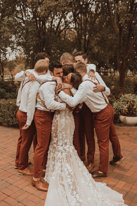 Alex wanted to do a first look with the groomsmen and their reactions are the absolute sweetest! First Look Bride And Groomsmen, Groom First Look With Bridesmaids, The First Look Wedding Photo Ideas, Wedding Pictures Group Shots, Bride And Best Man Pictures, Pictures To Get On Wedding Day, Groomsmen And Bride Pictures, Bride And Groom With Bridal Party, Wedding Pics With Family