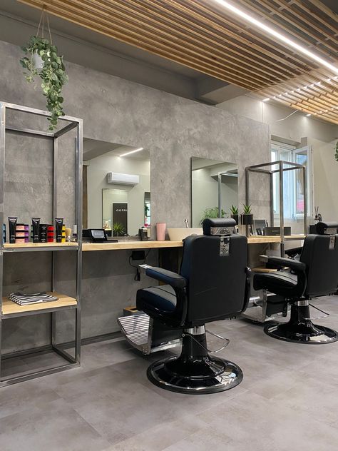 Minimalist Barbershop Interior, Concrete Barbershop, Industrial Barbershop Ideas, Barbershop Station Ideas, Barbershop Flooring, Small Barbershop Ideas, Barbershop Decor Ideas, Barber Shop Interior Small, Barber Shop Design Interior