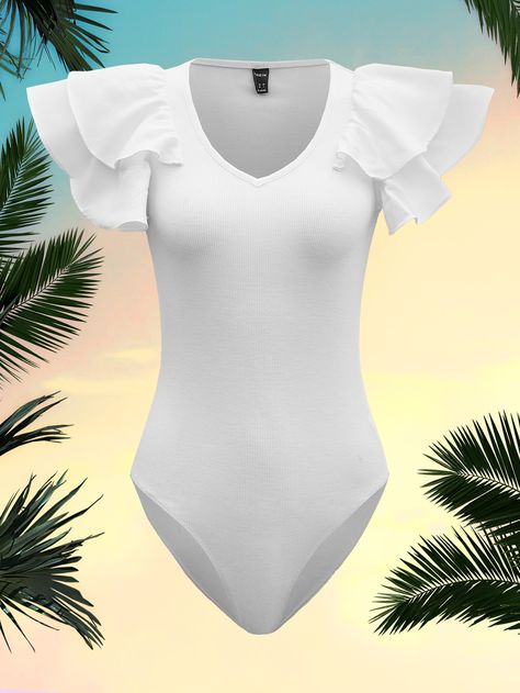 White Elegant  Cap Sleeve Polyester Plain Tee Embellished Slight Stretch Summer Women Jumpsuits & Bodysuits Bodysuit Shirt, Ruffle Bodysuit, Suit Shirts, Plain Tees, White Bodysuit, Ruffle Shorts, Senior Pics, Womens Bodysuit, Sleeves Pattern