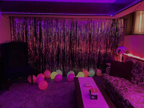 decorations, party, neon, glow in dark, pink, purple, blacklight, blue, glowy, uv, streamers, fringe, backdrop, photo, hanging, decor, lights, aesthetic, cool, basement, birthday, 16, 18, sweet 16, sixteen, eighteen Glow In The Dark Streamers, Neon Photo Backdrop, Pink Glow Party, Basement Party Ideas, Basement Party, Neon Party Decorations, Birthday Streamers, Cool Basement, Streamer Decorations