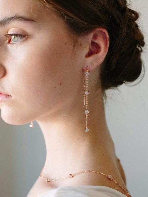 Etsy Rose Gold Earrings | Long Chain Bridal Earrings | Dangle Earrings | Crystal Drop Threader Earrings | #rosegold #ad #bride Gold Earrings Long, Small Diamond Rings, Beautiful Diamond Earrings, Threader Earrings Gold, Platinum Earrings, Earrings Crystal, White Gold Earrings, Threader Earrings, Chain Gold