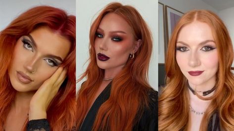 Goth Makeup For Redheads, Red Hair Makeup Looks, Ginger Vampire, Dark Vampy Makeup, Red Head Makeup Looks, Makeup Looks For Redheads, Redhead Goth, Orange Eyeshadow Looks, Siren Eye