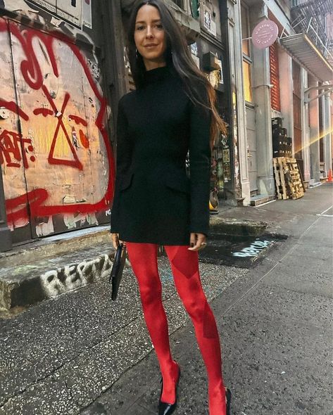 ariellecharnas on LTK Red Stockings Outfit, Color Tights Outfit, Red Tights Outfit, Arielle Charnas, Red Tights, Fest Outfits, Red Leggings, Looks Street Style, Tights Outfit