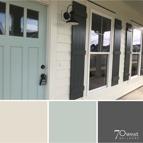 exterior paint colors- SW Oyster White, Peppercorn, and Copen Blue House And Front Door Colors, Coastal Style Home Decor, Updating 2000 House Exterior, Coastal Home Exterior Paint Colors Sherwin Williams, Sw Oyster White, Sw Peppercorn, Copen Blue, Home Designs Exterior, White Shutters