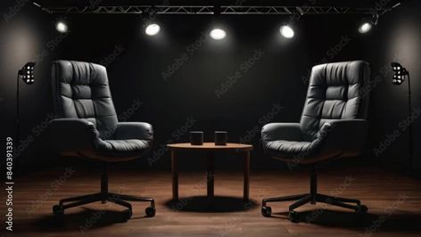 Download Two chairs and microphones in podcast or interview room isolated on dark background, 4k digital video created with generative ai.   Stock Video and explore similar videos at Adobe Stock. Interview Room, Interview Rooms, Background 4k, Digital Video, Dark Background, Microphones, Dark Backgrounds, Adobe Stock, Stock Video