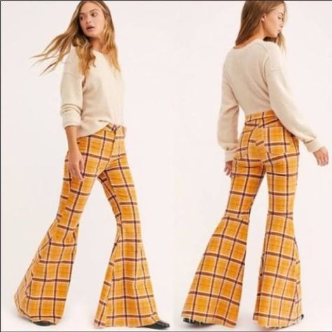 Nwt, A Total Throwback. Free People's Flare Cords In Bright Plaid Feature An Ultra High Rise And Raw Hem. Imported Patch Pockets At Back Raw Hemline Zipper And Button Closure At Front. Fabric: Cotton/Spandex. Machine Washable Boho Plaid, Plaid Jeans, Free People Flares, Velvet Flare Pants, Velvet Flares, Flare Leg Pants, Yellow Plaid, Free People Jeans, Bell Bottom Pants