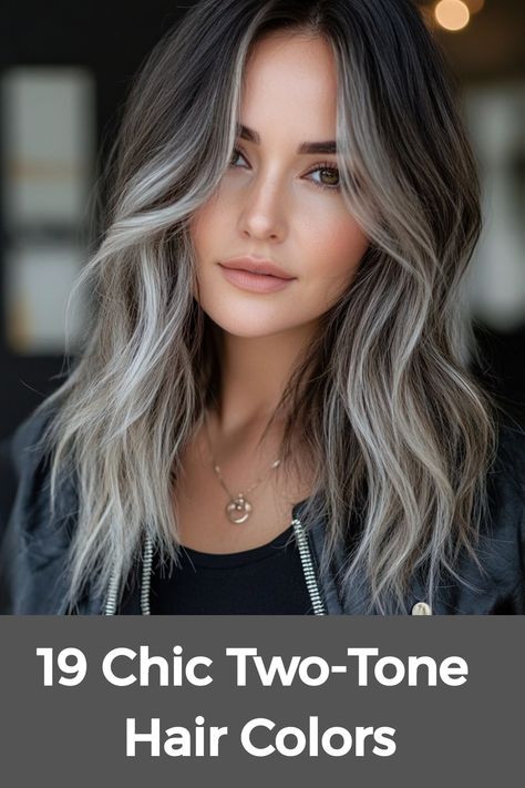 Two-tone hair colors offer brunettes an exciting way to experiment with their look, especially with shorter cuts. Caramel or honey highlights give a warm contrast, while silver or pastel tones provide a cool, modern edge. Dip-dye, with color at the ends, or balayage that blends seamlessly are top picks. This coloring approach adds dimension and freshness to your style, making it an excellent choice for anyone wanting to try something different. Long Dark Hair With Blonde Money Piece, Dark Ash Blonde Ombre, Ash Blonde Highlights With Dark Roots, Hair Color For Light Brunettes, Brunette Hair With Beige Highlights, Easy To Manage Blonde Hair, Brown And Ash Hair, Ashy Short Hair, Covering Up Grey Hair Brunette