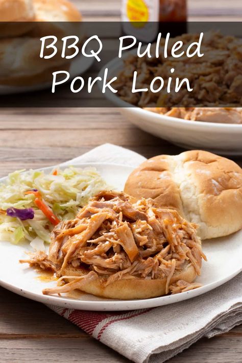 This BBQ Pulled Pork Loin is a simple, quick dinner to prep and cooks all day without any fuss. #slowcooker #crockpot #pulledpork #porkloin #barbecue via @cookthestory Pulled Pork Loin, Slow Cooked Pork Loin, Simple Quick Dinner, Barbecue Pork Loin, Pork Loin Pulled Pork, Boneless Pork Loin Recipes, Pork Loin Crock Pot Recipes, Bbq Pork Loin, Leftover Pork Roast