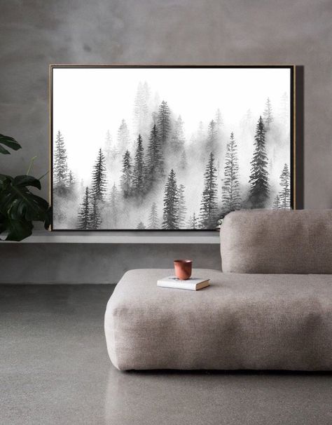 Black And White Pine Tree Art, Tree Painting Black And White, Pine Tree Artwork, Foggy Tree Painting, Black And White Forest Painting, Black And White Scenery Painting, Black And White Tree Painting, Misty Trees Painting, Black Tree Painting