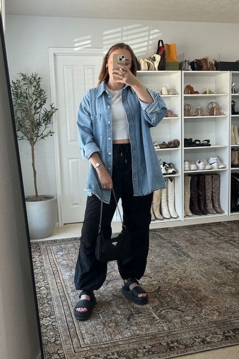 Oversized Denim Overshirt curated on LTK Oversized Everything Outfit, Blue Overshirt Outfit, Denim Overshirt Outfit Women, Denim Overshirt Outfit, Oversized Jean Shirt Outfits, Overshirt Outfit Women, Denim Blouse Outfits, Oversized Denim Shirt Outfit, Oversized Jean Jacket Outfit