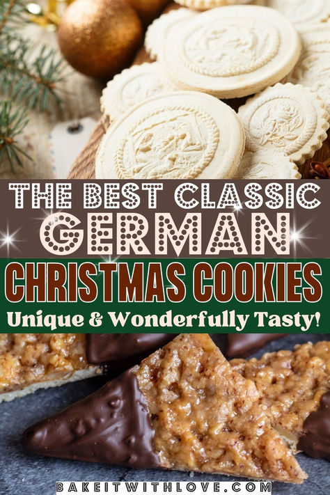 A collage pin with two images of springerle and nussecken German Christmas cookies and text divider. German Holiday Desserts, German Angel Cookies, Best Christmas Cookie Recipes Ever, German Shortbread Cookies, German Candy Recipes, Jan Hagel Cookies Recipe, German Holiday Traditions, International Christmas Desserts, Christmas Cookies German