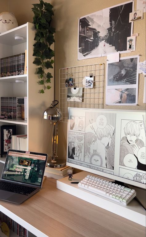 Room Set Up Ideas Aesthetic, Shelf Desk Decor, Anime Aesthetic Apartment, Totoro Bedroom Decor, Japanese Anime Room, Aesthetic Room Anime Decor, Anime Board Ideas, Studio Ghibli Themed Room Aesthetic, Minimalist Bedroom Anime