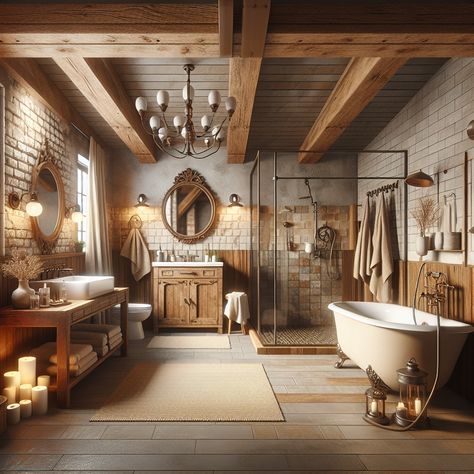 The color scheme should be warm and inviting, employing the use of earth tones. The bathroom should be spacious and should include elements like a large mirror, a claw-foot bathtub, a separate enclosed glass shower, a vanity with ample storage, and other necessary utilities. For additional texture, include exposed beams or brickwork. This scene should serve as inspiration for a remodel. Vintage Rustic Bathroom Ideas, Vintage Rustic Bathroom, Rustic Bathroom Design, Vintage Fixtures, Rustic Bathroom Ideas, Rough Hewn Wood, Cozy Lighting, Rustic Bathroom Designs, Cottage Bathroom