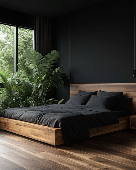 Black And Wood Interior Design Bedroom, Woodsy Modern Bedroom, Black And Bamboo Bedroom, Dark Moody Masculine Bedroom, Grown Man Bedroom Ideas, Black And Wood Room, Black And Wooden Bedroom, Black And Earthy Bedroom, Dark Grey Master Bedrooms Decor