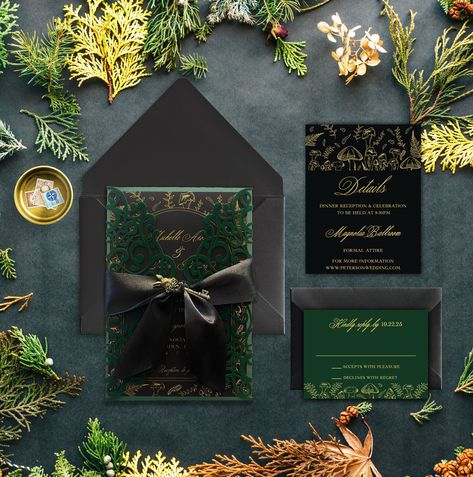 Forest Wedding Invitation | Woodsy Dark Forest Wedding Invitation|Dark Moody Mushroom Invitation << Invitation includes>> - Printed invitation card - Green velvet laser cut gatefold  - Black satin ribbon - Matte black invitation envelopes - Assorted vintage keys  *(Invitation will have varied keys. Key designs shown in photo are not guaranteed)* - Full Service Assembly: All invitations will be fully assembled and individually inspected before we ship them out to you! *Matching Rsvp cards and Det Mushroom Invitation, Dark Forest Wedding, Forest Wedding Invitation, Whimsical Wedding Invitations, Forest Wedding Invitations, Groomsmen Invitation, Forest Theme Wedding, Scotland Wedding, Outdoor Fall Wedding