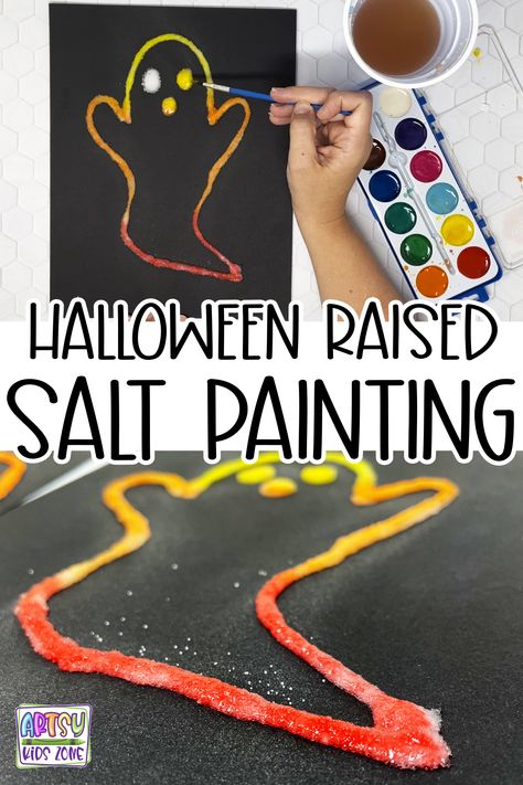 Photo os a Ghost Raised Salt Painting. Pumpkin Salt Painting, Hand Print Halloween Art, Spider Web Salt Painting, Low Prep Halloween Craft, Halloween Salt Painting, Halloween Early Years Activities, Preschool Halloween Art Projects, Halloween Preschool Crafts Art Projects, Trick Or Treat Crafts For Kids