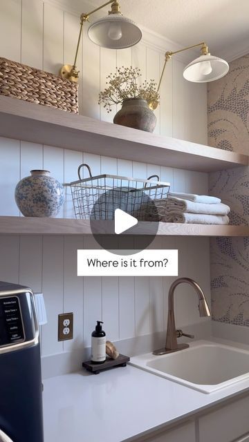 Marlene Perez on Instagram: "Sharing all the details Type SHOP to receive a link 🫶🏻💙

Wallpaper | wood shelves | laundry room | diy | Amazon finds | Amazon home finds | home diy project | home decor Inspiration | home design | home interior" Wood Shelves Laundry Room, Shelves Laundry Room, Utility Area, Wallpaper Wood, Amazon Home Finds, Home Finds, Laundry Room Diy, Wood Wallpaper, Diy House Projects