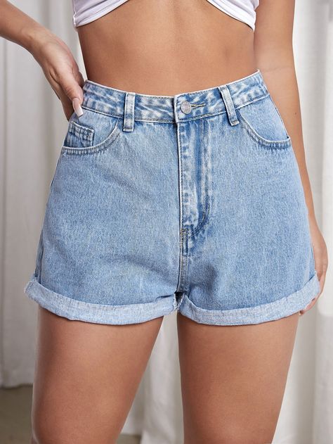 Women Denim Shorts, Shein Outfits, Short Jeans, Straight Leg Denim, Denim Shorts Women, Shorts Jeans, Short En Jean, Light Wash Jeans, Cute Shorts