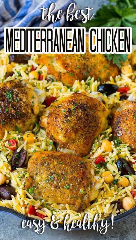 This recipe for Mediterranean chicken is chicken thighs, olives, roasted peppers and orzo, all cooked in a single pan. Chicken Thigh Recipes Mediterranean Diet, One Pan Mediterranean Recipes, Chicken Thigh Recipes Mediterranean, Mediterranean Chicken And Rice Recipes, Mediterranean Chicken Thigh Recipes, Mediterranean Chicken Breast Recipes, Chicken Thighs And Orzo, Easy Spring Dinner Recipes, Mediterranean Chicken Orzo