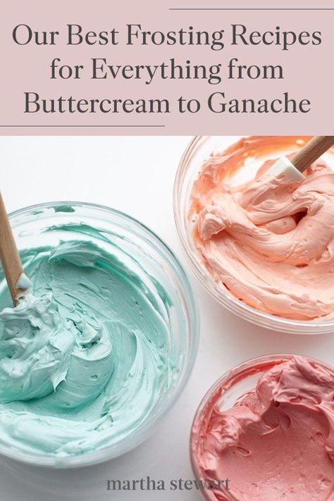 When decorating cakes, cupcakes, cookies, and other baked goods, each type of frosting has its place and helps everything taste even better. We share our best frosting recipes for quick vanilla frosting, easy chocolate buttercream, white icing, cream cheese frosting, Italian meringue buttercream, and more classic frostings! #marthastewart #recipes #frostingrecipeideas #dessert #dessertrecipes #pastryrecipes Cream Cheese Buttercream Icing, Cake And Frosting Pairings, Unique Buttercream Flavors, Frosting Flavors For Vanilla Cake, No Butter Icing, Cake And Frosting Combinations, Best Decorating Frosting, Stiff Buttercream Frosting For Piping, Frosting Types