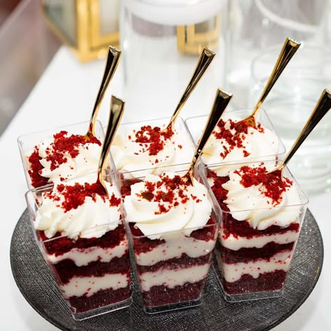 Red Velvet Wedding Cake With Cupcakes, Maroon Wedding Dessert Table, Red Velvet Dessert Shooters, Red And Gold Sweets Table, Red White And Gold Dessert Table, Burgundy Wedding Dessert Table, Red Velvet Cake Shooters, Red Velvet Cheesecake Cups, Maroon Desserts