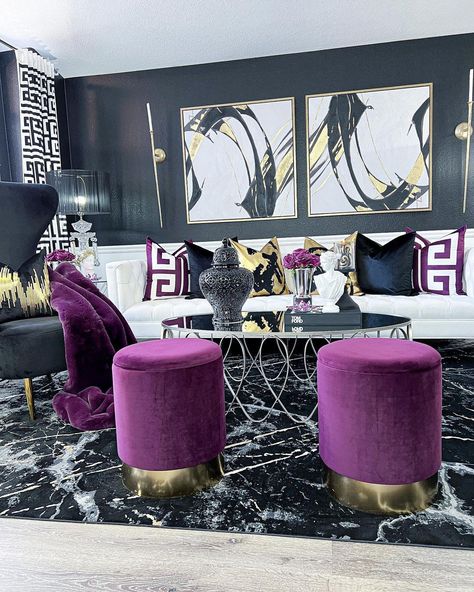 Glam Livingroom, Purple Dining Room, Girl Apartment Decor, Purple Living Room, Glam Living Room Decor, Elegant Living Room Decor, Purple Theme, Room Decor Living Room, Gold Living Room