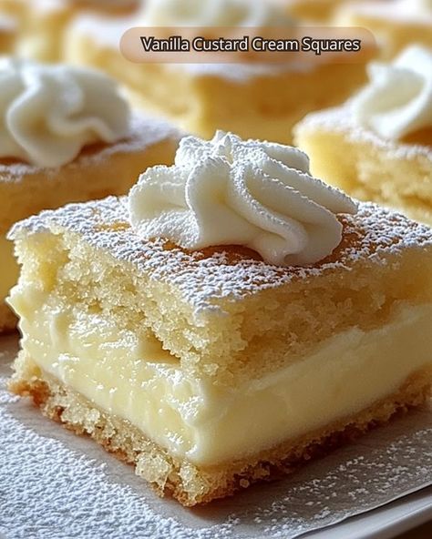 Daily Recipes and Tips 😋 The Original | 🍰 Vanilla Custard Cream Squares 🍰 | Facebook Vanilla Custard Cream Squares, Custard Cream Squares, Custard Bars, Facebook Recipes, Custard Cream, Square Recipes, Daily Recipes, Vanilla Custard, Graham Cracker