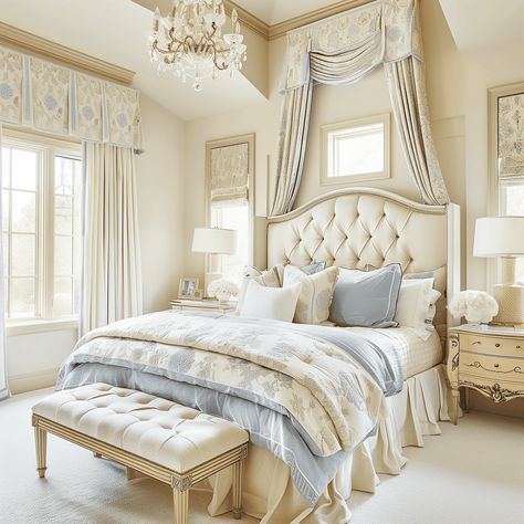 Luxurious Traditional Bedroom Concept in Cream and Soft Blue Southern Living Bedroom, Ivory Bedroom, Blue And Cream Bedroom, Bedroom Concept, Cream Bedroom, French Country Ideas, Beach Style Bedroom, Cream Bedrooms, Country Ideas