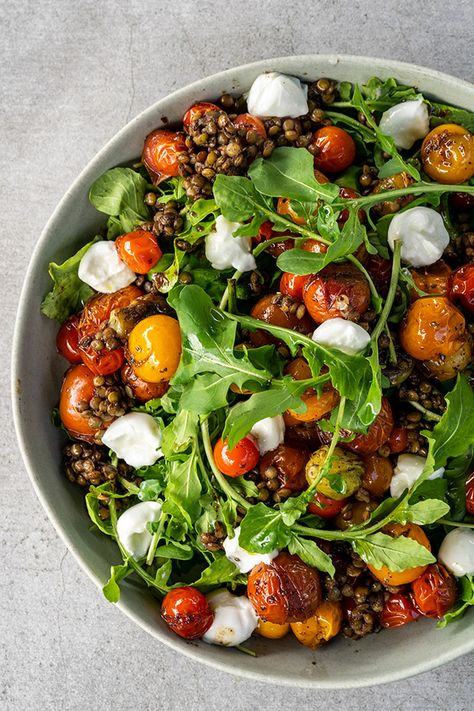 Recipe: Roasted Cherry Tomato Salad with Lentils, Rocket & Buffalo Bocconcini Recipe With Bocconcini, Rocket Salad Recipe, Tomato Bocconcini Salad, Bocconcini Recipes, Buffalo Salad, Lentil Salads, Rocket Recipes, Salad With Lentils, Bocconcini Salad