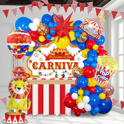 PRICES MAY VARY. 【Circus Red Blue Yellow balloon Kits】120PCS All in 1 Package including Red/Blue/Light blue/yellow/White in 3sizes:5/12/18inch，with 4tools enough for10-12FT Garland, in addition large 22 inch starburst balloons and Circus theme Foil balloons comes with Popcorn/lion/Hot air balloon/and Circus Birthday Decor balloon for Modeling,all make your The Themed party is more memorable. Meet all the little surprises of the Circus Cartoons theme birthday Party. 【Kozee Reliable Color 】 We ins Carnival Prom, Circus Birthday Party Decorations, Balloon Flower Decorations, Carnival Decor, Balloon Rainbow, Carnival Party Decorations, Confetti Balloons Birthday, Circus Birthday Party Theme, Circus Theme Party