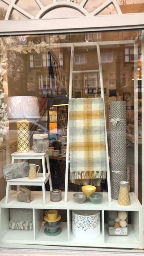 Ladder Retail Display, Visual Merchandising Furniture Store, Home Store Window Display, Boutique Store Window Displays, Spring Shop Display, Window Store Display, Retail Shop Window Display, Furniture Shop Window Display, Furniture Display Window